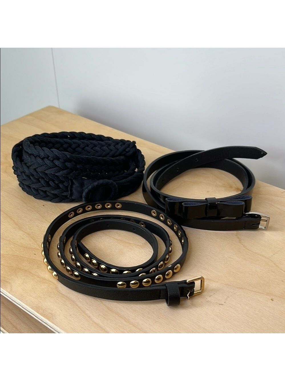 3 Vegan Belts:  Black & Gold Studded, Faux Patent Leather & Bow, Navy Braided
